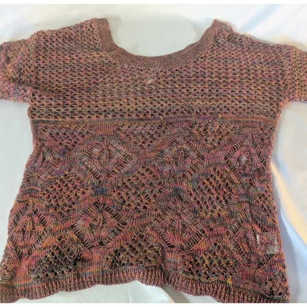 Canyon River Blues Womens L Knit Top Multicolor Lace Crochet Short Sleeve USA